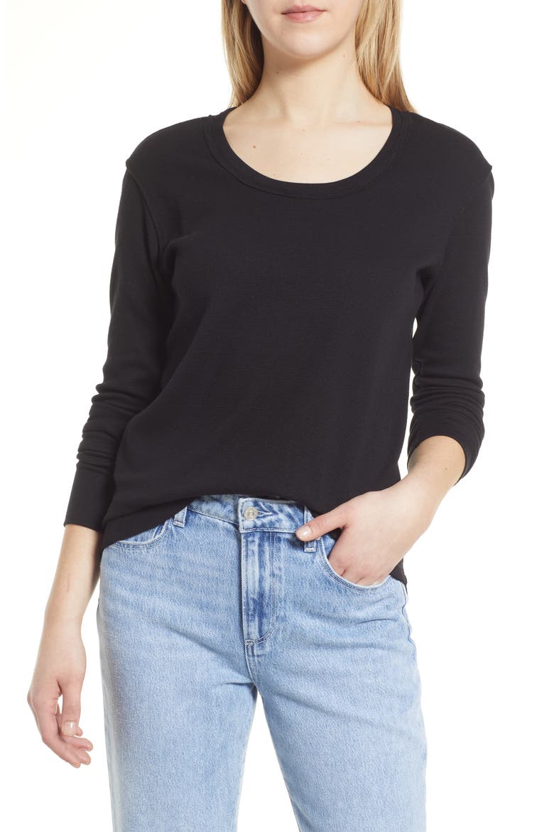 Scoop Neck Long Sleeve Raw Edge Thermal Top, Main, color, BLACK