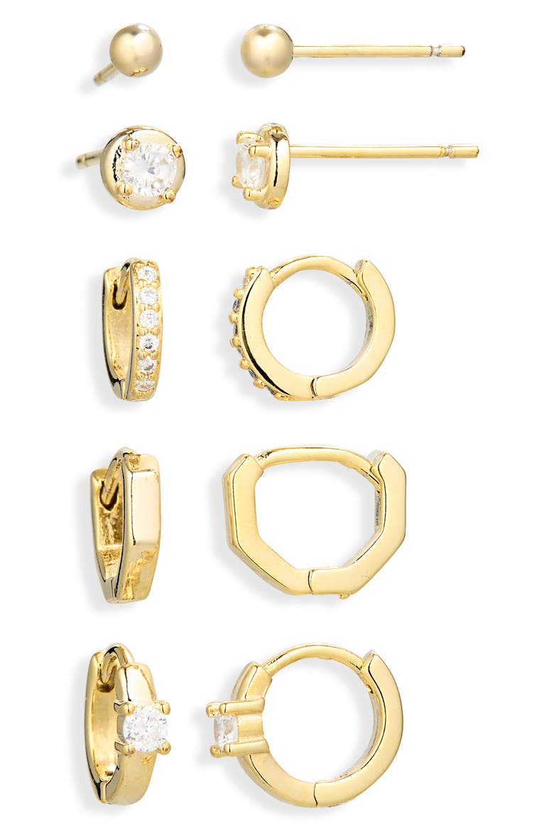 Set of 5 Cubic Zirconia Bezel Stud & Hoop Earrings, Alternate, color, CLEAR- GOLD