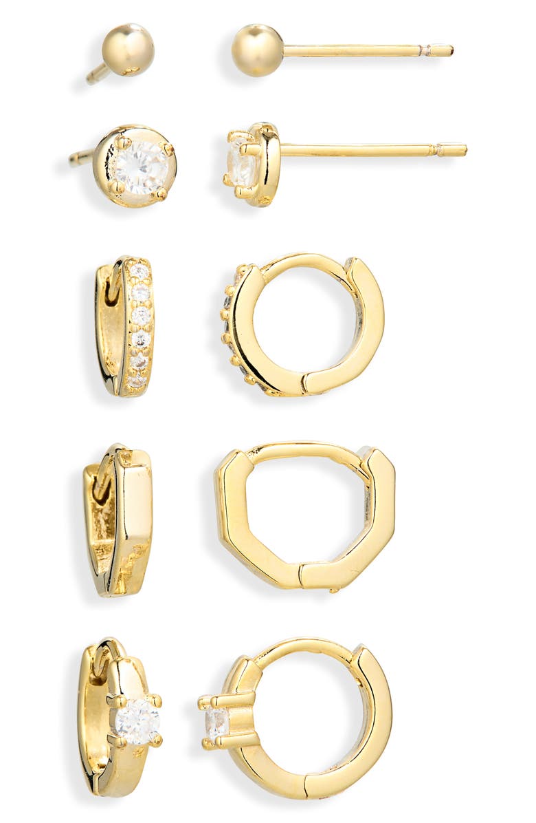 Leith Set of 5 Cubic Zirconia Bezel Stud & Hoop Earrings, Alternate, color, Clear- Gold