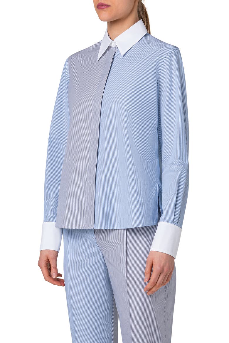 Colorblock Microstripe Cotton Batiste Button-Up Shirt, Alternate, color, INK-SAPPHIRE-CREAM