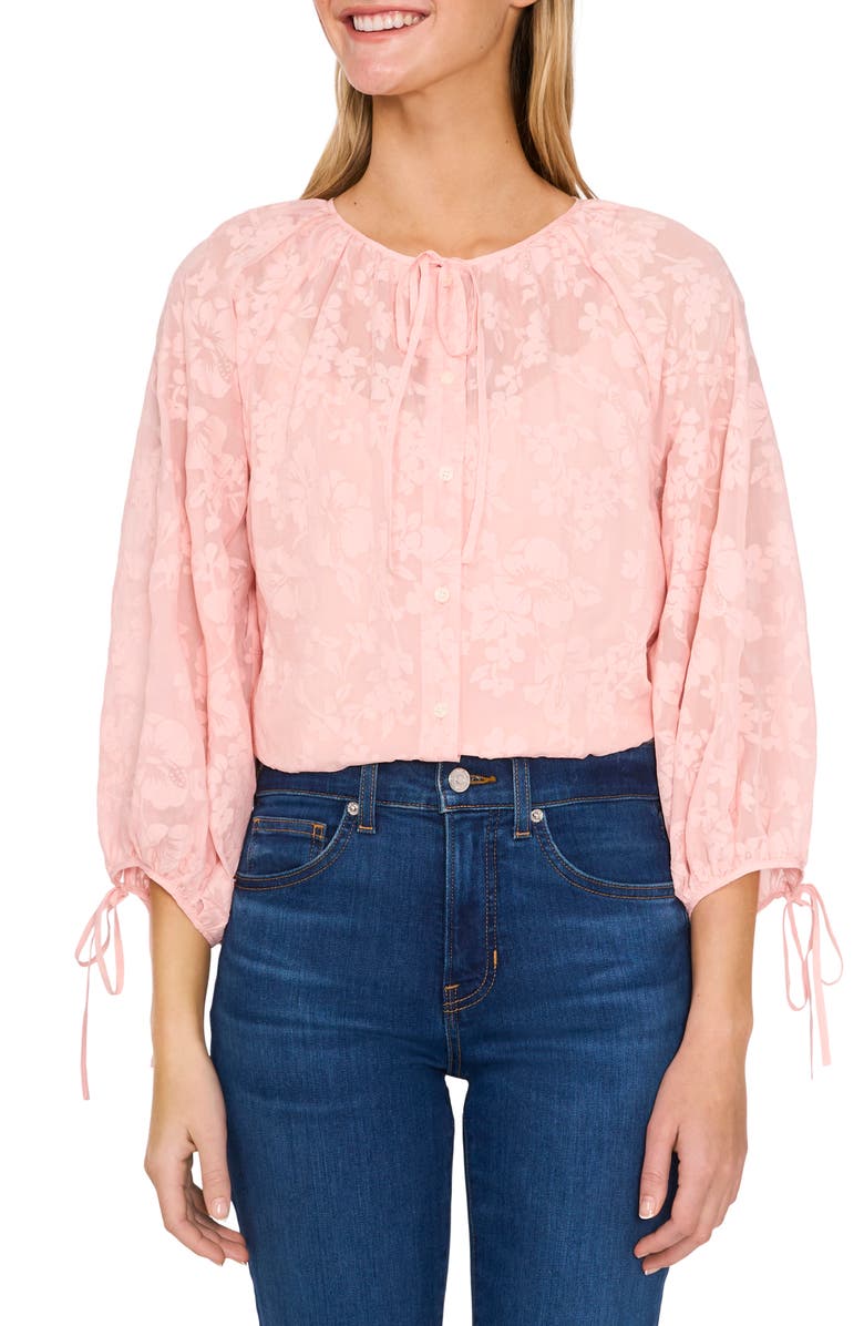 CeCe Floral Tie Neck Top, Main, color, Sugar Peach