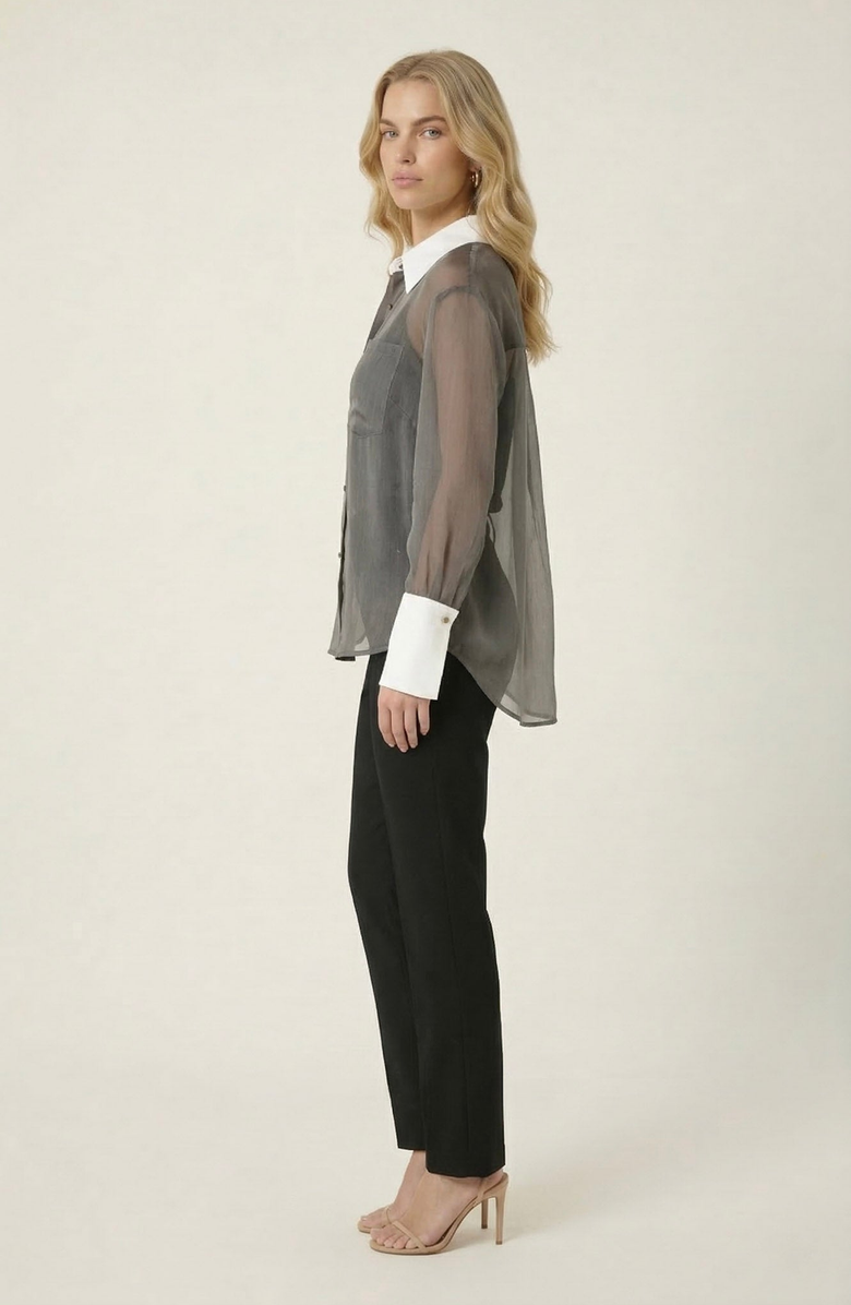 Modenaire Sheer Button-Up Contrast Collar and Cuff Detail Blouse, Alternate, color, Charcoal Grey