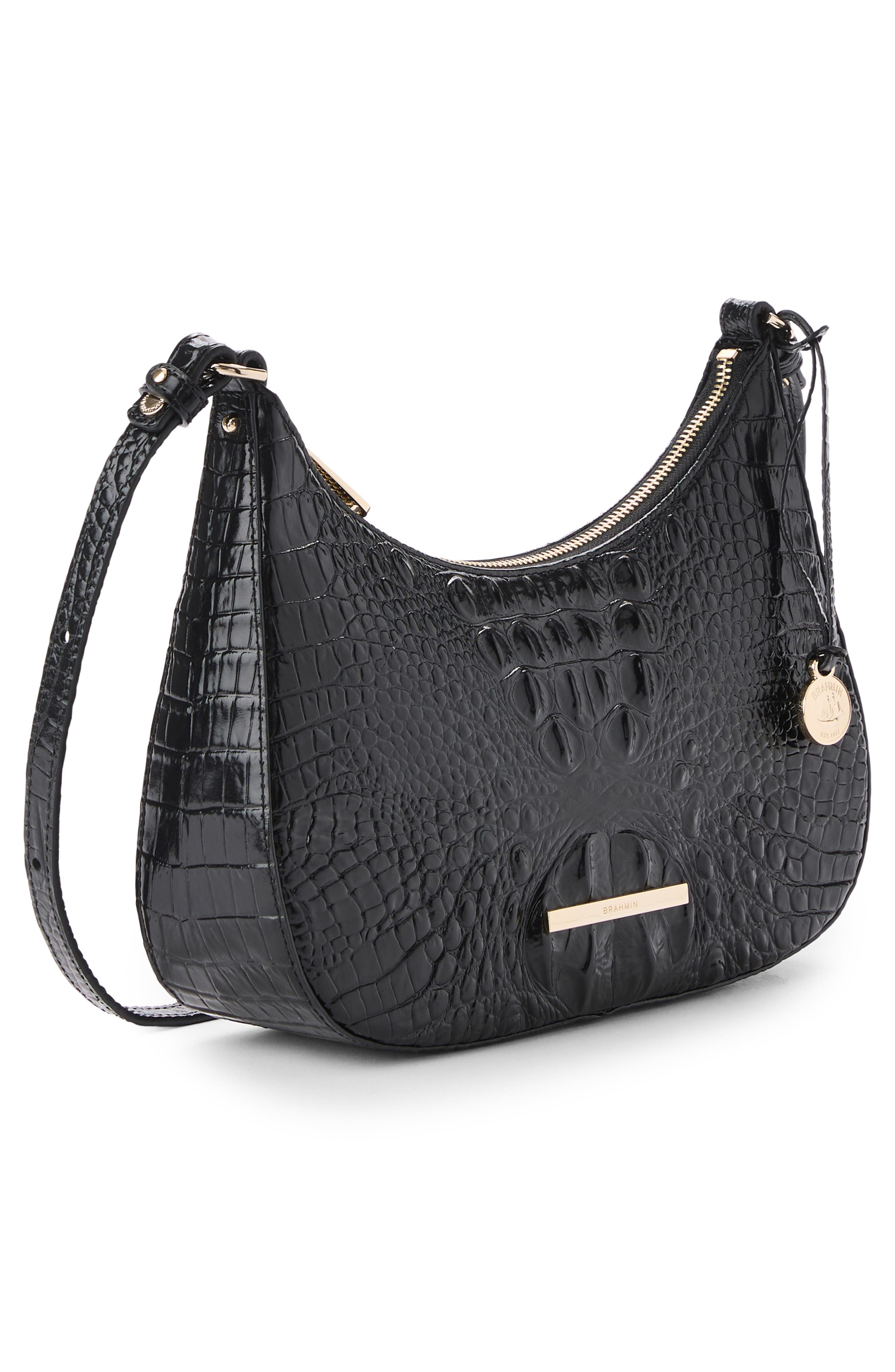 Small Stephie Croc Embossed Leather Crossbody Bag, Alternate, color, BLACK