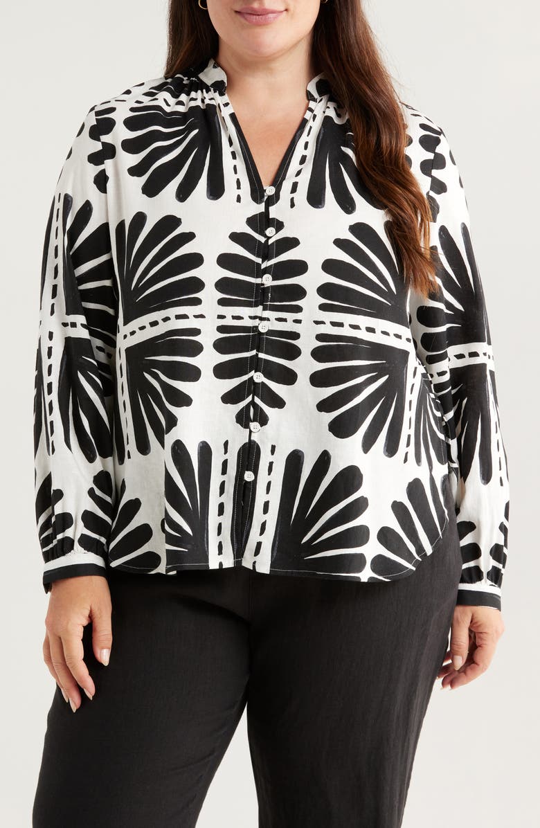 Universal Standard Aix Linen Blend Button-Up Shirt, Main, color, Ink Bloom Print