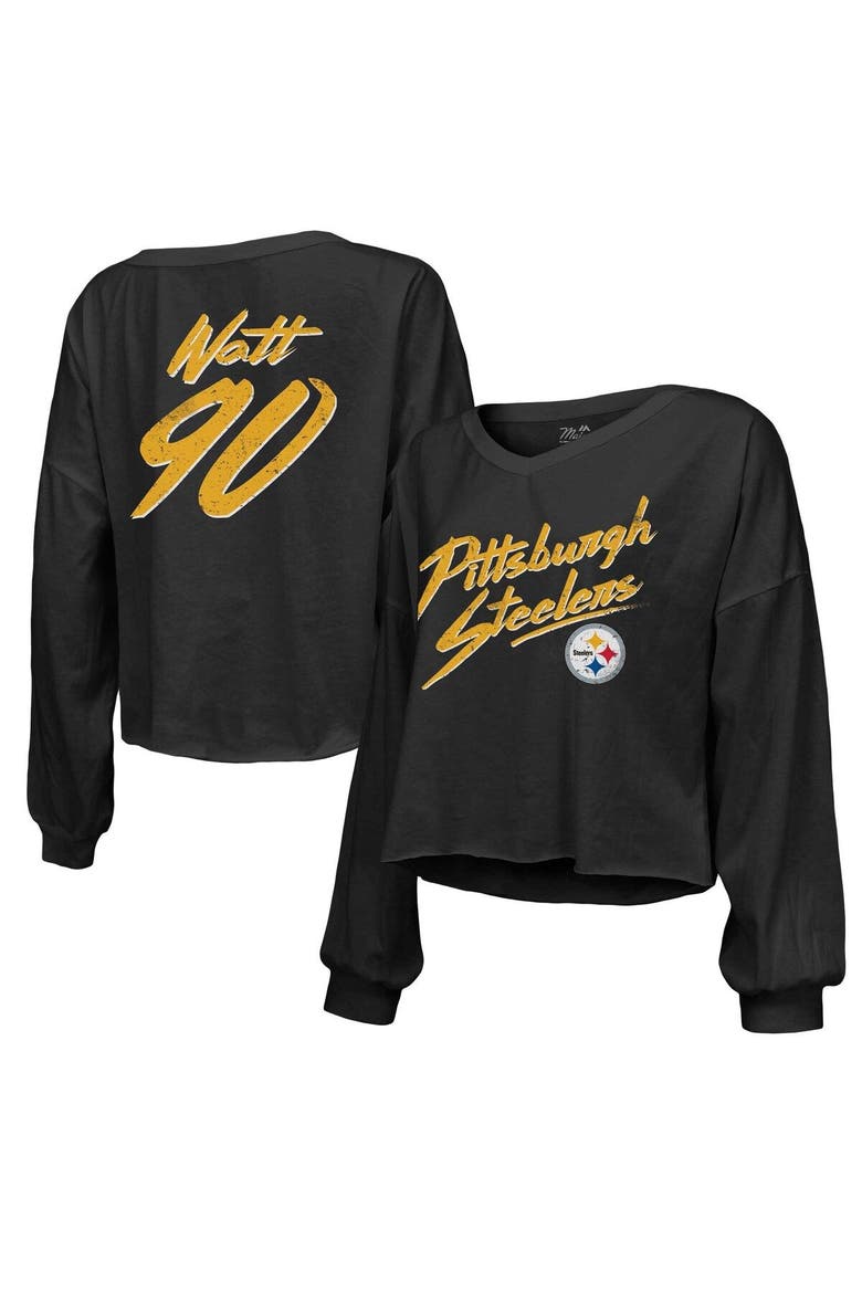 Women's Majestic Threads T.J. Watt Black Pittsburgh Steelers Name & Number Off-Shoulder Script Cropped Long Sleeve V-Neck T-Shirt, Main, color, Black