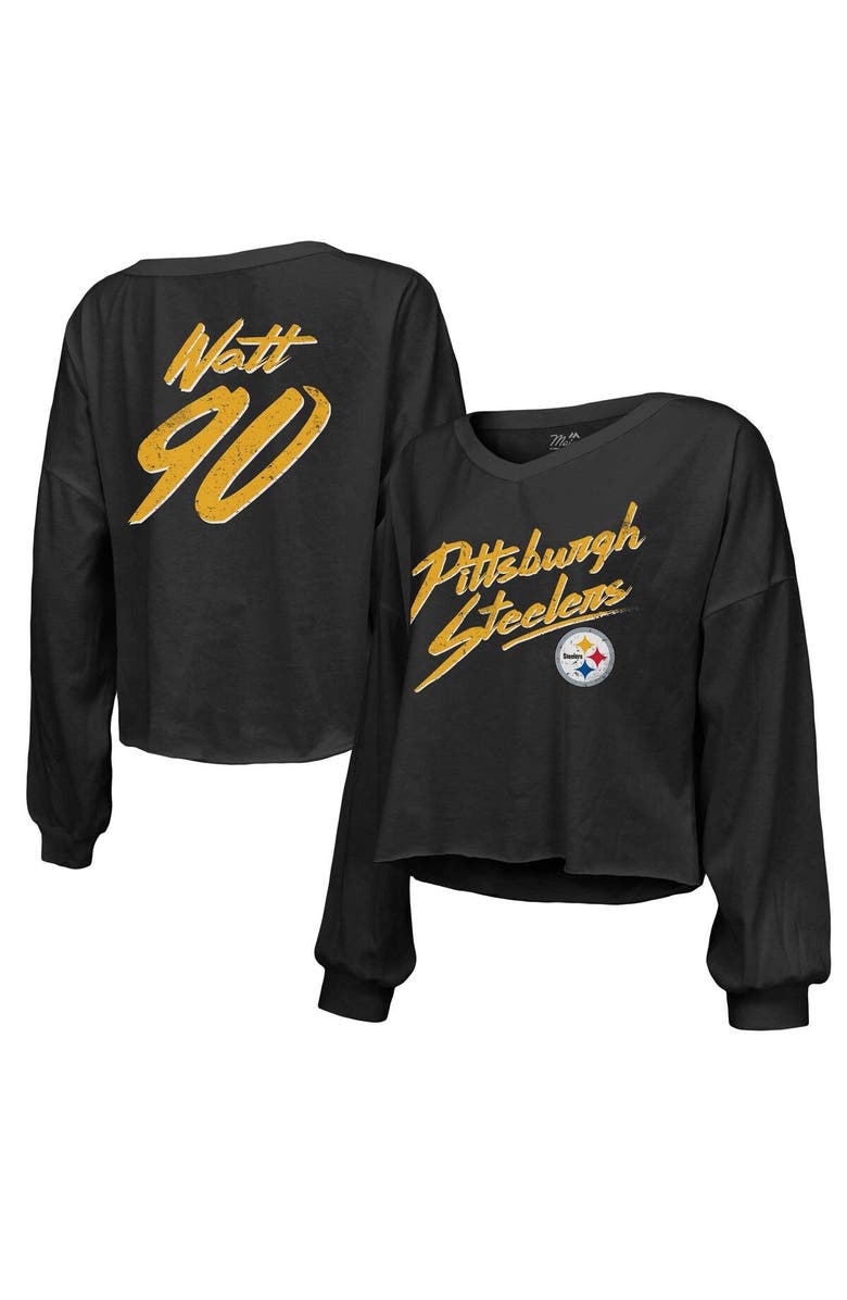 Majestic Threads Women's Majestic Threads T.J. Watt Black Pittsburgh Steelers Name & Number Off-Shoulder Script Cropped Long Sleeve V-Neck T-Shirt, Main, color, Black