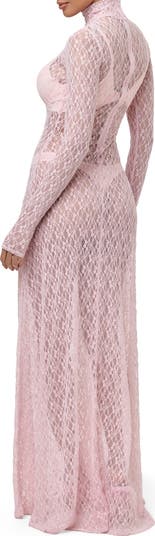 Floral Long Sleeve Stretch Lace Turtleneck Maxi Dress