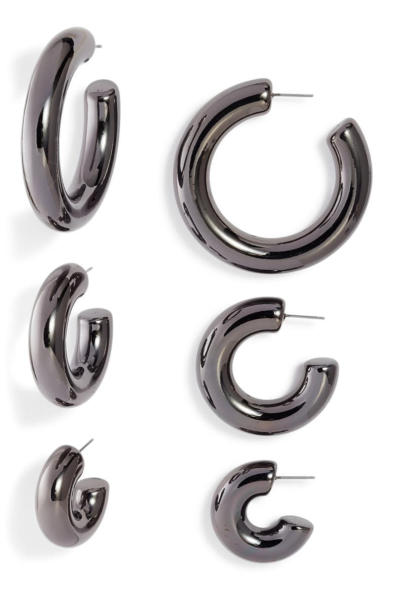 x Draya Michele Jelia Set of 3 Tube Hoop Earrings, Main, color, GUNMETAL