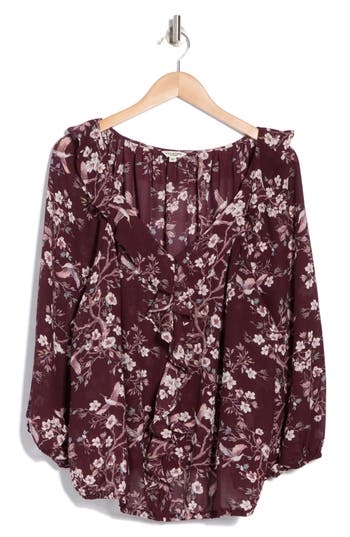 Max Studio Ruffle V-neck Long Sleeve Top In Wine Crane Blossom
