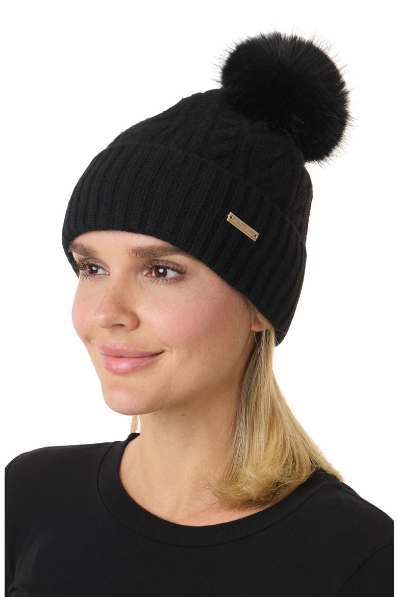 Cable Knit Wool & Cashmere Beanie with Faux Fur Pompom, Main, color, BLACK