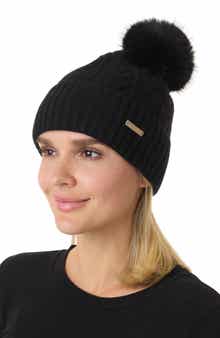 Cable Knit Wool & Cashmere Beanie with Faux Fur Pompom