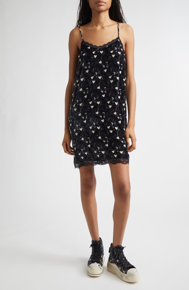 R13 Heart Print Lace Trim Crushed Velvet Slipdress, Main, color, Hearts On Black