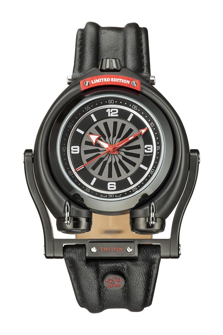 Triton Limited Edition Swiss Automatic Leather Strap Watch, 48mm, Main, color, BLACK