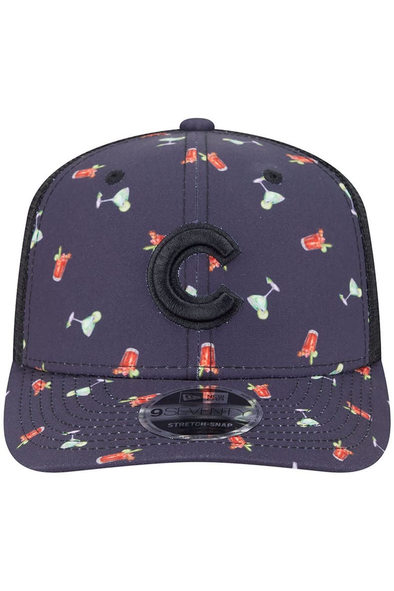 Men's New Era Black Chicago Cubs Adventure Drinks Pattern 9SEVENTY Stretch-Snap Hat, Alternate, color, Navy