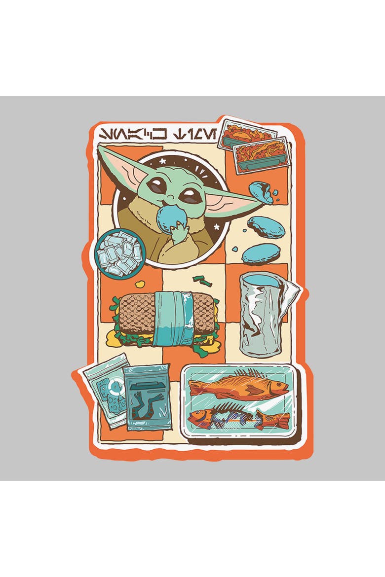 Junior's Star Wars The Mandalorian and Grogu Snack Time Comic Foods  Graphic T-Shirt, Alternate, color, Athletic Heather