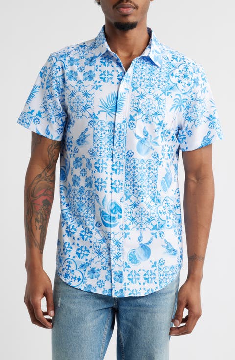 Tropical Print Short Sleeve Performance Button-Up Shirt