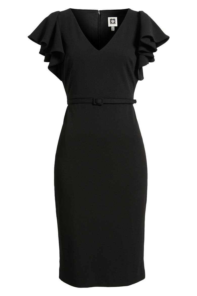 Belted Flutter Sleeve Sheath Dress, Alternate, color, ANNE BLACK