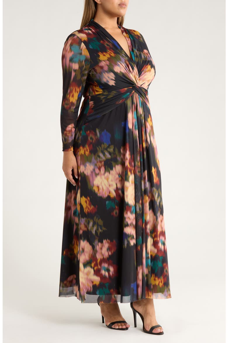 Blurred Floral Twist Front Long Sleeve Mesh Maxi Dress, Alternate, color, ANNE BLACK MULTI