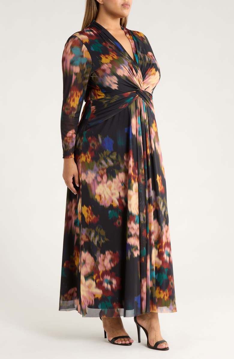 Anne Klein Blurred Floral Twist Front Long Sleeve Mesh Maxi Dress, Alternate, color, Anne Black Multi