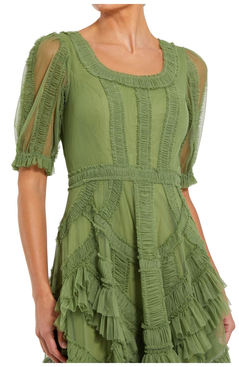 Mac Duggal Short Sleeve Mesh Micro Ruffle Midi Dress, Alternate, color, Moss Green