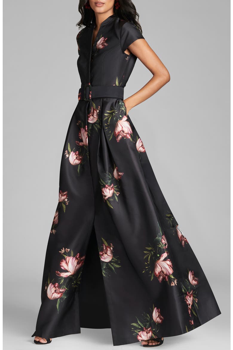 Marta Floral Print Belted Satin Gown, Alternate, color, NOIR BLOSSOM
