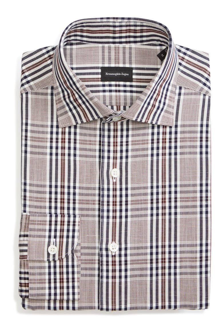 Ermenegildo Zegna Classic Fit Plaid Cotton & Linen Button-Up Shirt, Alternate, color, BLUE