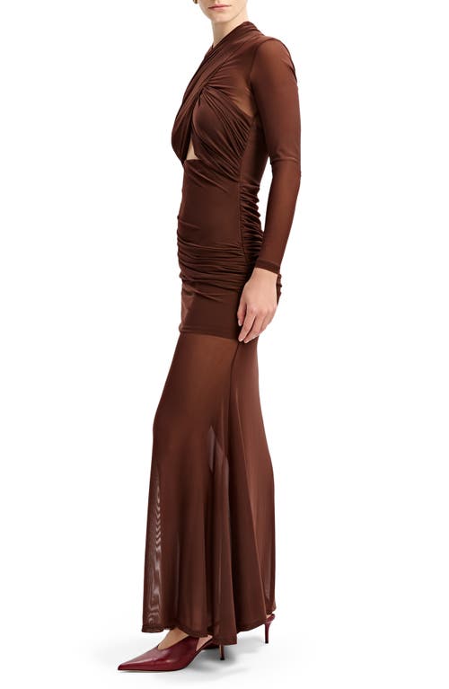 Bardot Veria Front Wrap Long Sleeve Mesh Gown In Brown