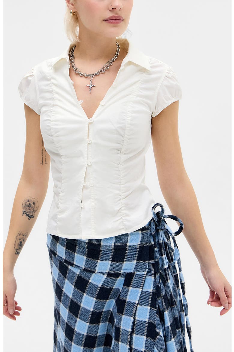 Nadine Stripe Ruched Seam Button-Up Top, Main, color, WHITE