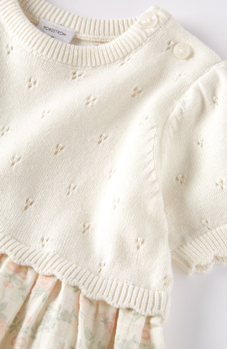 Nordstrom Scallop Mixed Media Dress with Bloomers, Alternate, color, Ivory Egret- Ivory Floral