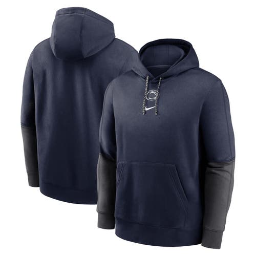 Nike Kids' Big Boys And Girls Navy Penn State Nittany Lions 2024 Sideline Club Fleece Color-block Pullover Hood In Navy,charcoal
