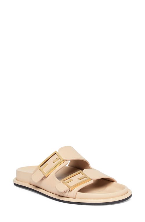 Fendi F Buckle Leather Slide Sandals In Buff
