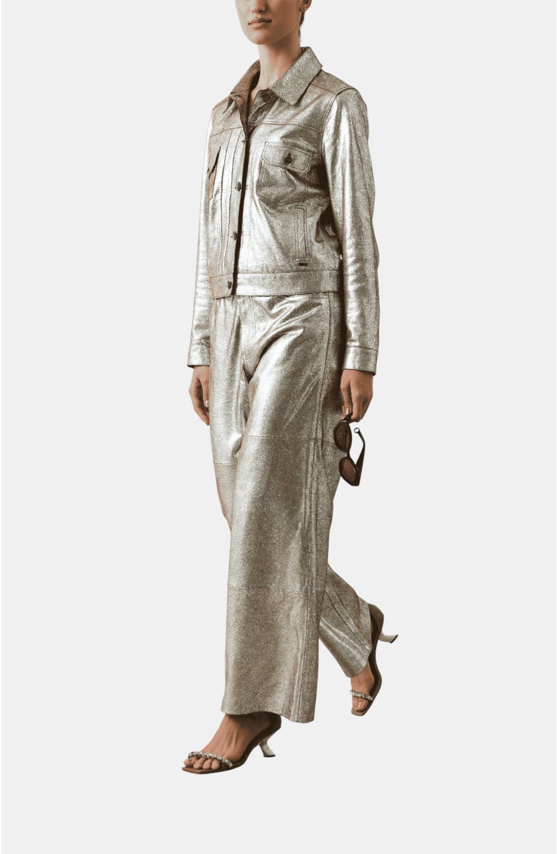 Velez Glass Suede Leather Trucker Jacket, Alternate, color, Silver