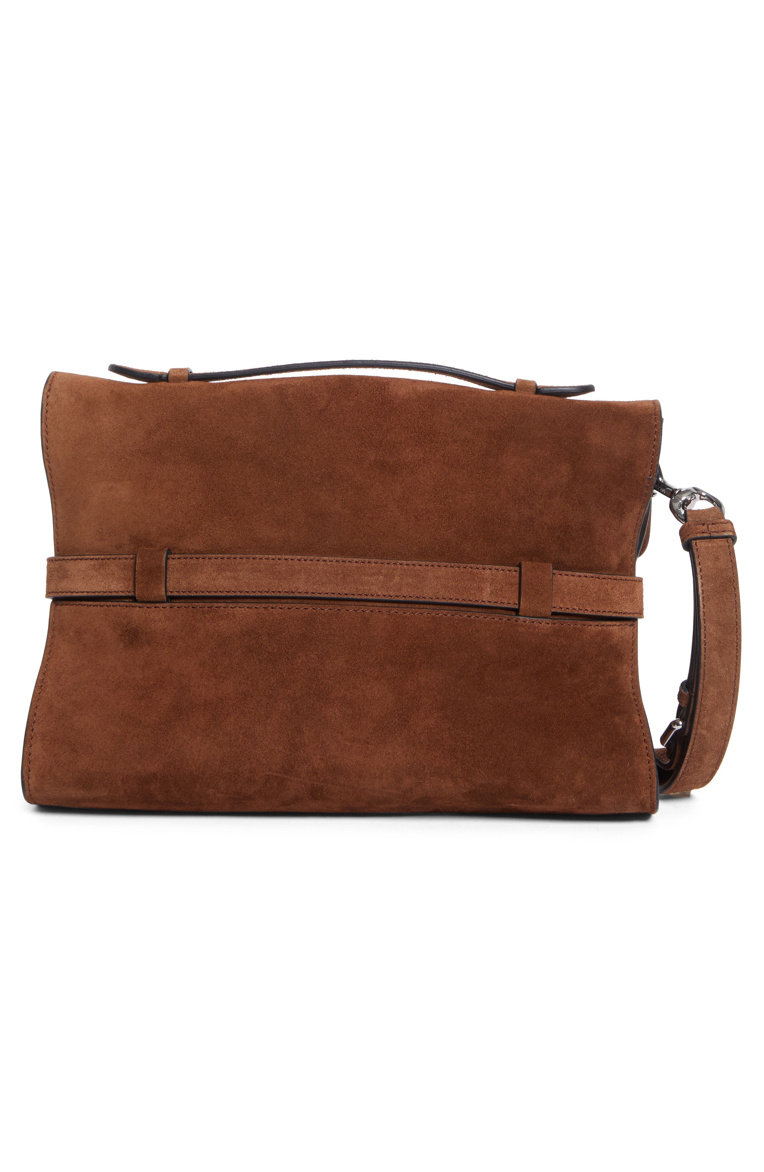 Moschino Tie Me Suede Clutch, Alternate, color, Brown