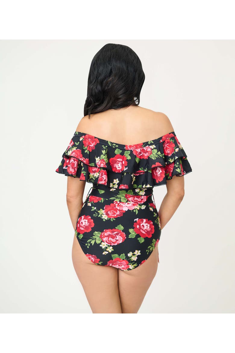 Off Shoulder Nantucket Swimsuit, Alternate, color, Black Cabbage Rose Print