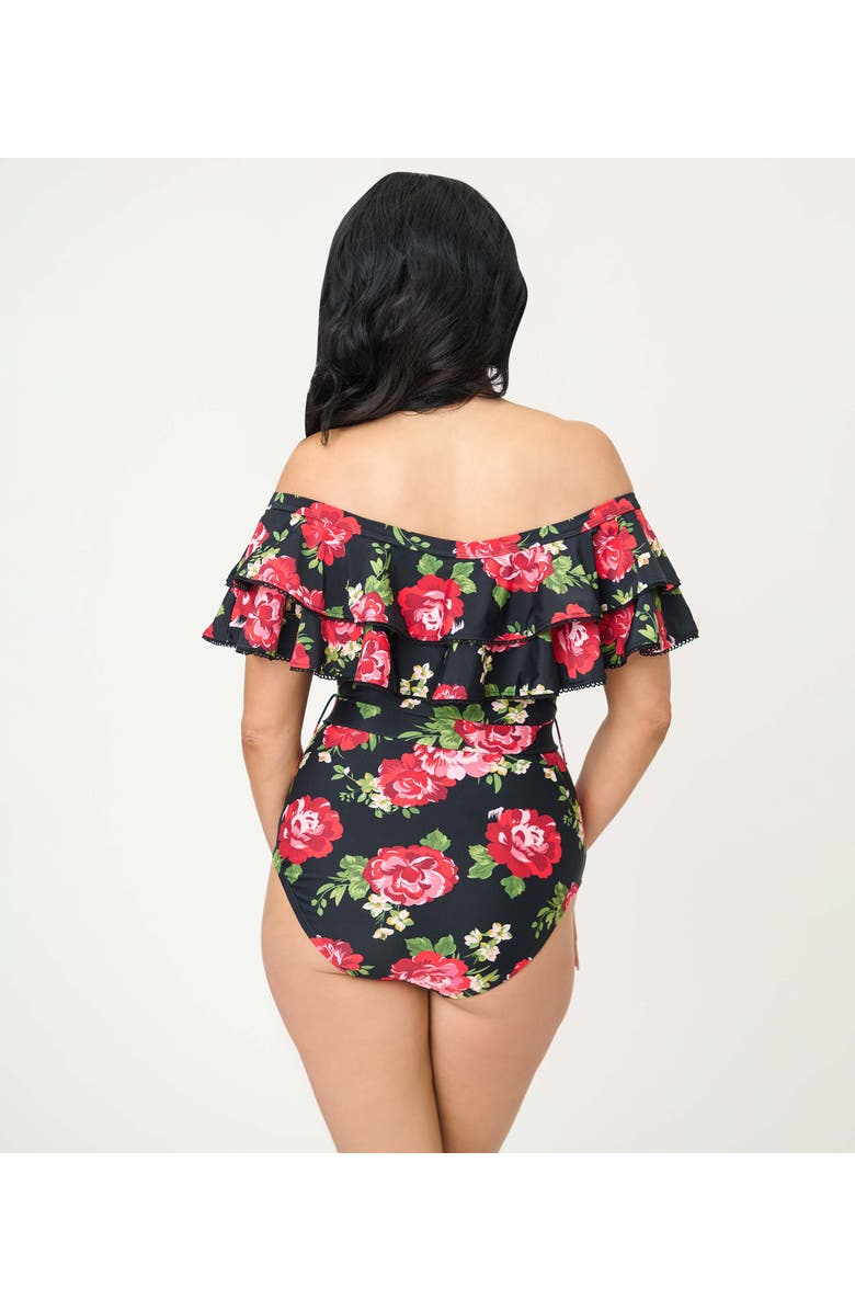 Unique Vintage Off Shoulder Nantucket Swimsuit, Alternate, color, Black Cabbage Rose Print