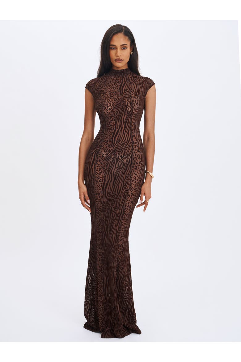 Tyanna Burnout Velvet Mesh Backless Mermaid Maxi Dress, Alternate, color, Mocha