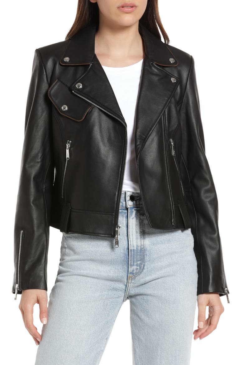Piped Leather Moto Jacket, Main, color, BLACK