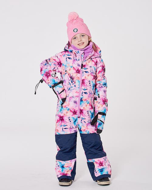 Deux Par Deux One-piece Teknik Snowsuit Watercolor Flower In Pink