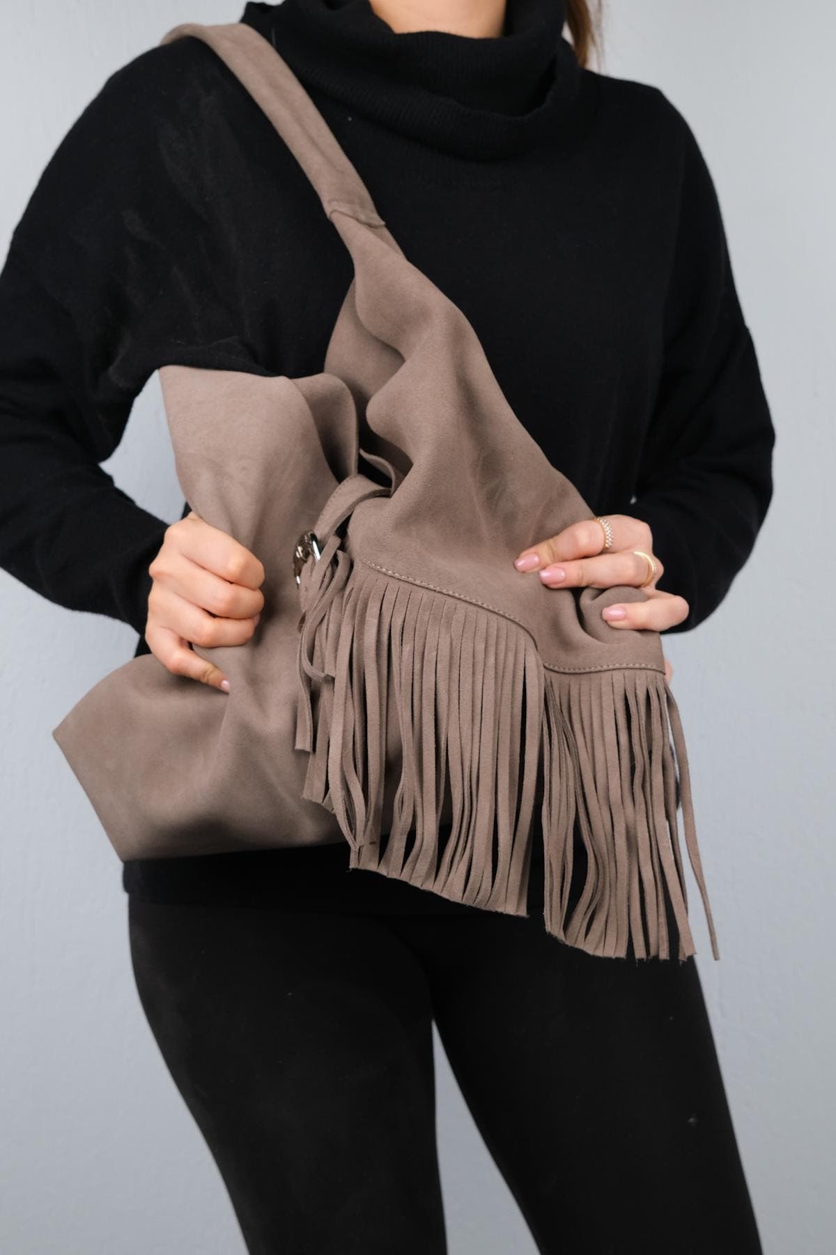 Forever & Always Shoes Rosalin Leather Tassel Shoulder Bag, Alternate, color, Dark Beige Suede