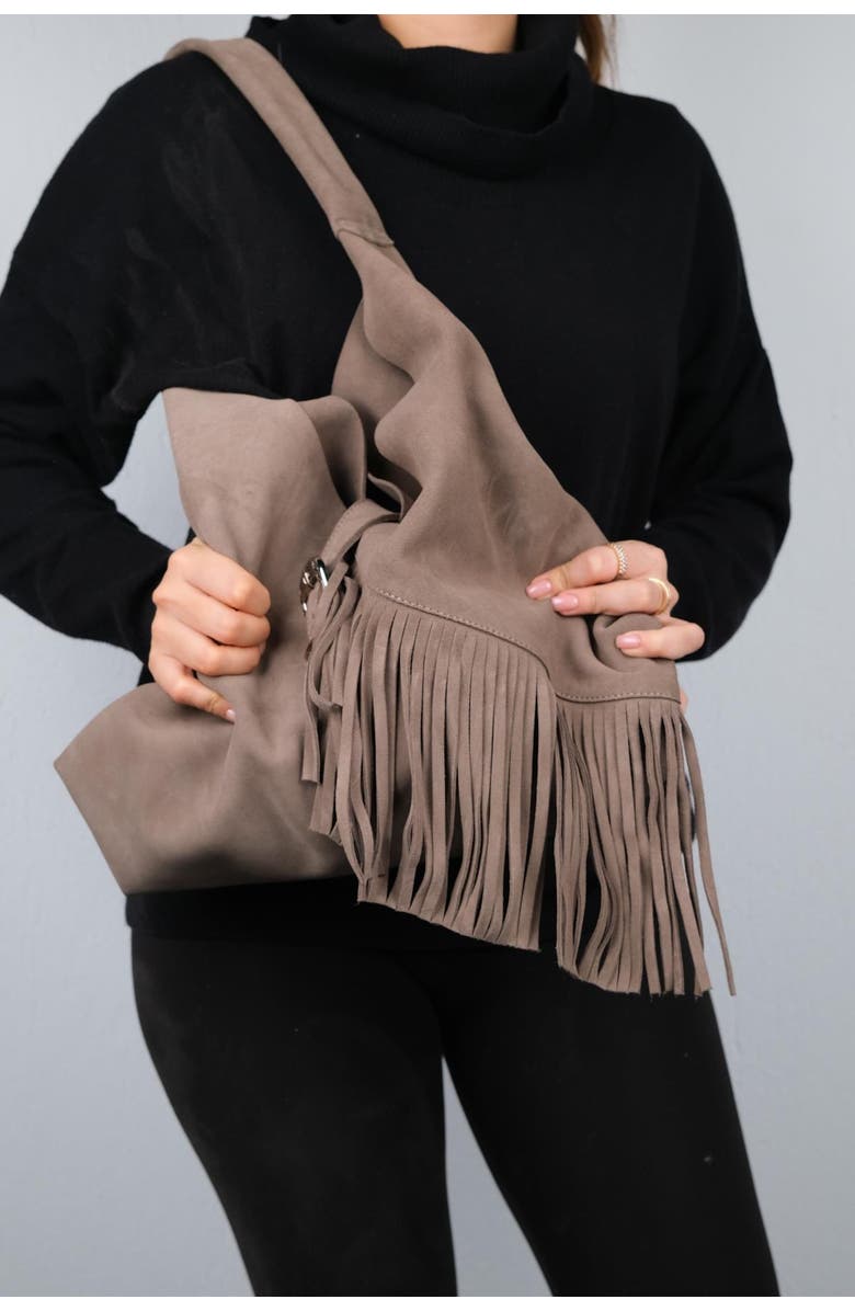 Forever & Always Shoes Rosalin Leather Tassel Shoulder Bag, Alternate, color, Dark Beige Suede