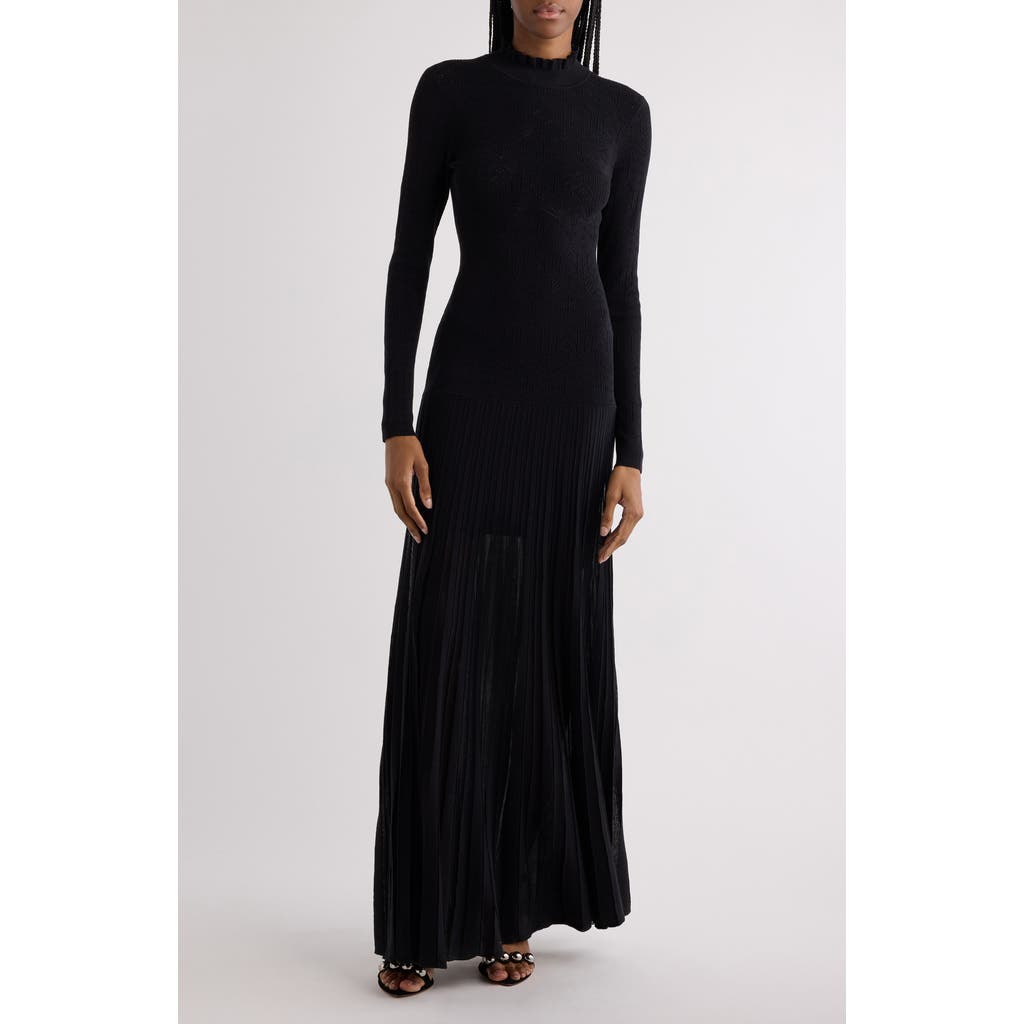 Isabel Marant Gisole Long Sleeve Pointelle & Pleated Maxi Sweater Dress In Black