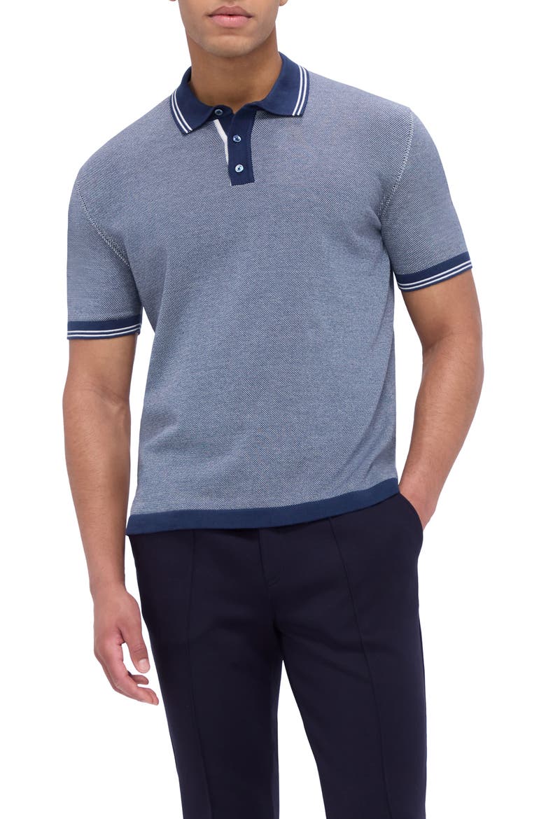 Tipped Short Sleeve Cotton & Silk Polo Sweater, Main, color, NAVY