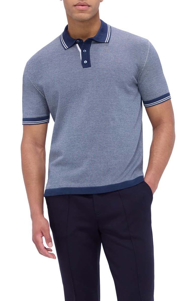 Bugatchi Tipped Short Sleeve Cotton & Silk Polo Sweater, Main, color, Navy