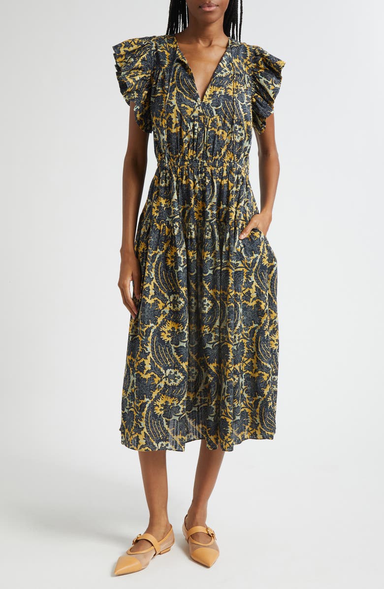 Ulla Johnson Kairi Flutter Sleeve Midi Dress, Main, color, Luna