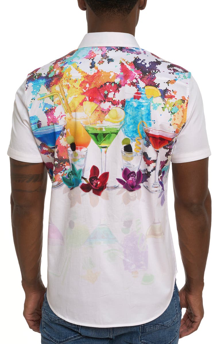 Robert Graham Splashdown Cocktail Print Short Sleeve Stretch Cotton Button-Up Shirt, Alternate, color, 