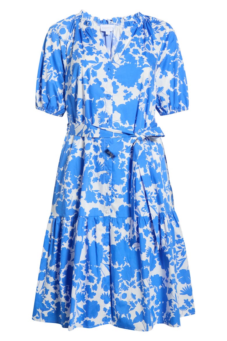 Marinelle Floral Wynette Cotton Tiered Midi Shirtdress, Alternate, color, WHITE-MED BLUE