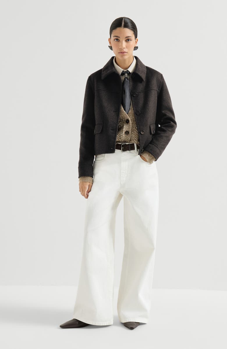 Brunello Cucinelli Dazzling abstract leaf cardigan in mohair and wool, Alternate, color, Light Brown