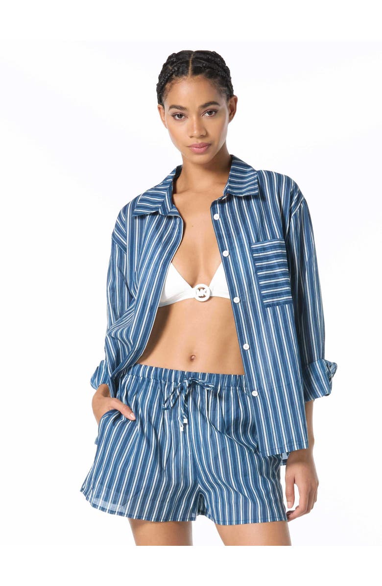 MICHAEL Michael Kors Marina Stripe Cover Up Shirt, Main, color, River Blue