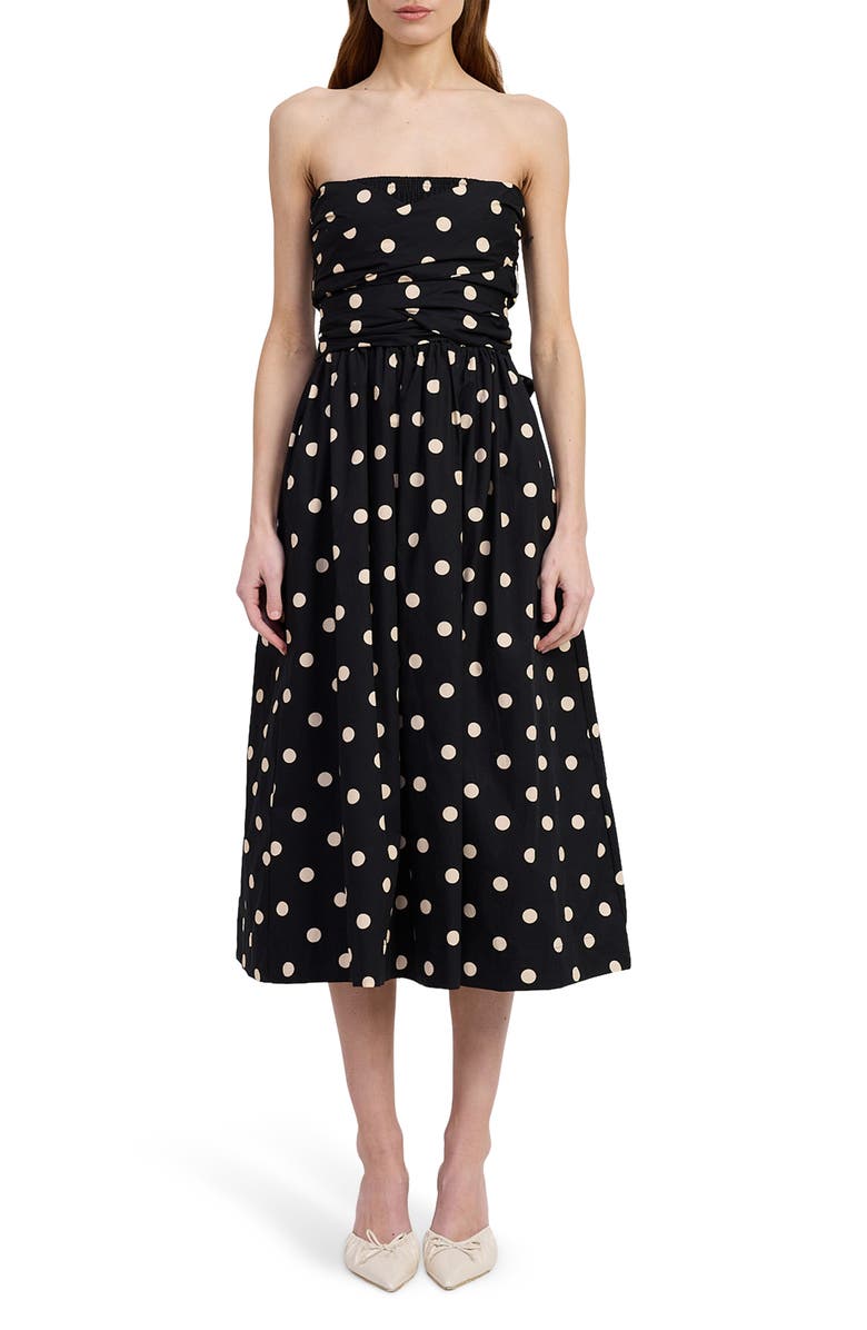 En Saison Josephine Polka Dot Strapless Cotton Midi Sundress, Main, color, Black Natural