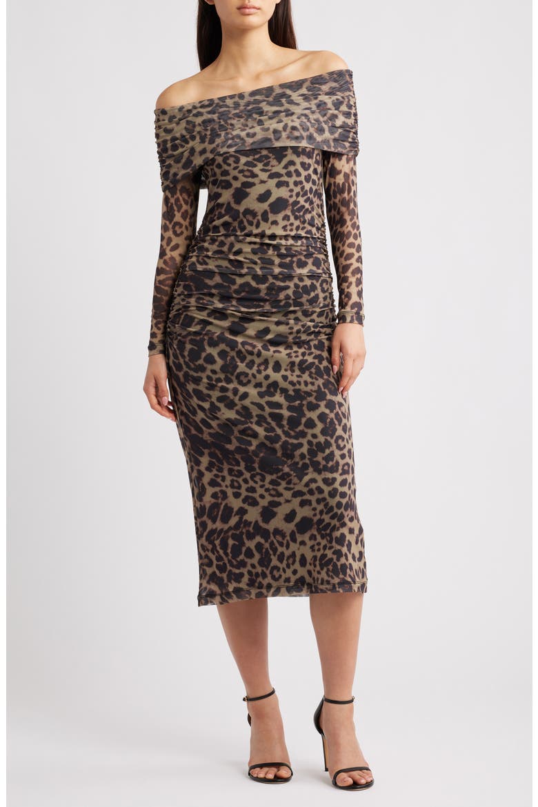 Ihparda Leopard Print Off the Shoulder Midi Dress, Main, color, LEOPARD